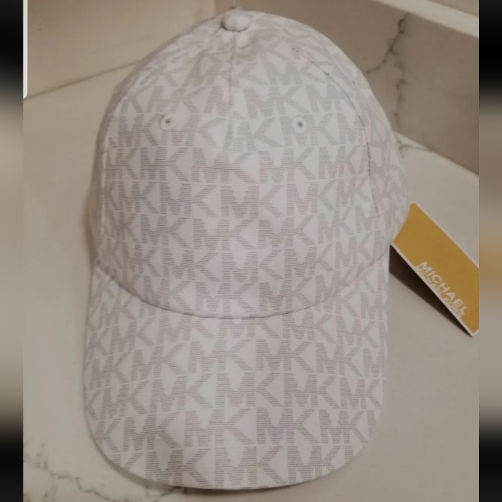 NWT Michael Kors White MK Logo Monogram Strap Back Baseball Cap Hat